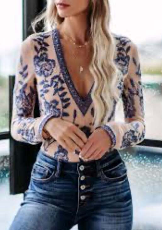Honey Punch Tops - Honey Punch Blue Floral Embroidered Mesh Long Sleeve Bodysuit, Size XS